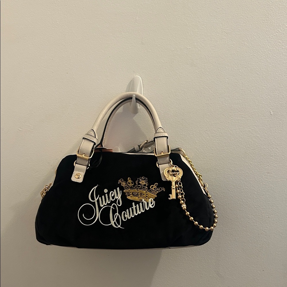 Juicy Couture Black Velvet Crossbody Satchel with Cream Handles & Gold Hardware